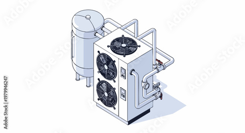 Isometric Illustration of an Air Source Heat Pump HVAC System with Storage Tank and Piping - Professional Technical Drawing for Renewable Energy and Engineering Concepts