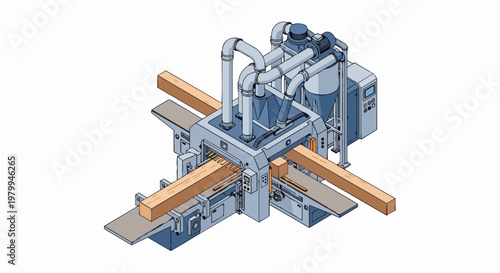 Industrial Isometric Illustration of an Automated Woodworking Machine for Lumber Processing and Timber Manufacturing