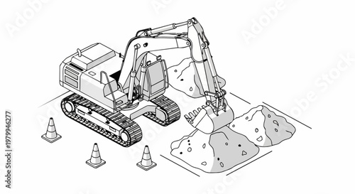Isometric Excavator Line Art Illustration of Construction Site Equipment and Earthworks