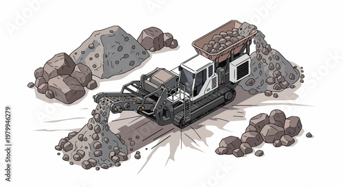 Mobile Rock Crusher Isometric Vector Illustration - Industrial Mining and Construction Machinery for Aggregate Processing
