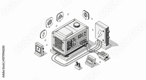 Industrial Electric Generator System Isometric Line Art Illustration for Power Management and Backup Energy