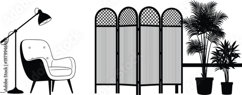 Interior furniture silhouette set with armchair, floor lamp, folding screen, and houseplants, modern home decor vector illustration for living room and design concepts