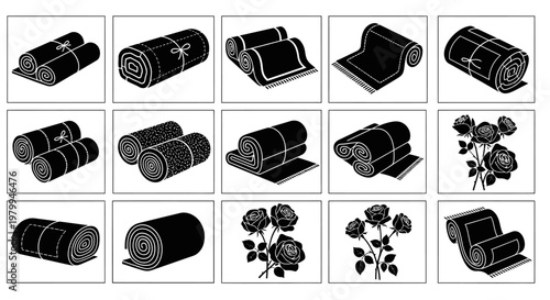 Black and white illustrations of rolled towels and roses on a clean background