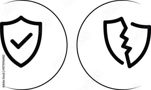Secure and broken shield icons representing safety status and vulnerability comparison for cybersecurity and data protection