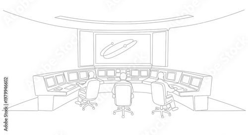 Control Room with Team Monitoring Large Screen Display of Futuristic Aircraft