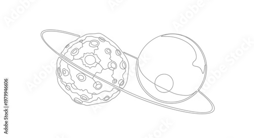 Stylized Line Art of Two Planets, One with Craters and a Ring