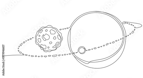 Planetary Orbit: Moon Circling Giant Planet with Ring System - Line Art