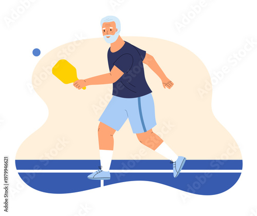 Active senior man playing pickleball on a court. Elderly male athlete with a paddle and ball. Healthy lifestyle, retirement sports, and aging concept isolated on white.