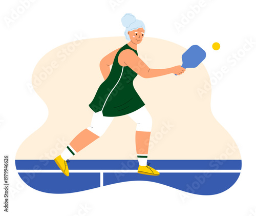 Active senior woman playing pickleball. Elderly female athlete in action on a court with a paddle and ball. Healthy lifestyle, retirement sports, and vitality in aging. Isolated on white.