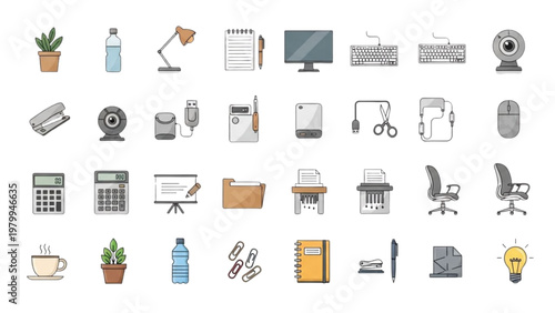 Office workplace icon set organized ensemble of office essentials, including a monitor, keyboard, webcam, stapler, calculator, file folder, shredder, chairs, coffee cup