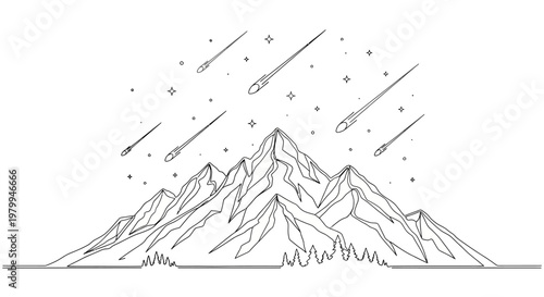 Mountain peaks under a meteor shower, vector line art illustration