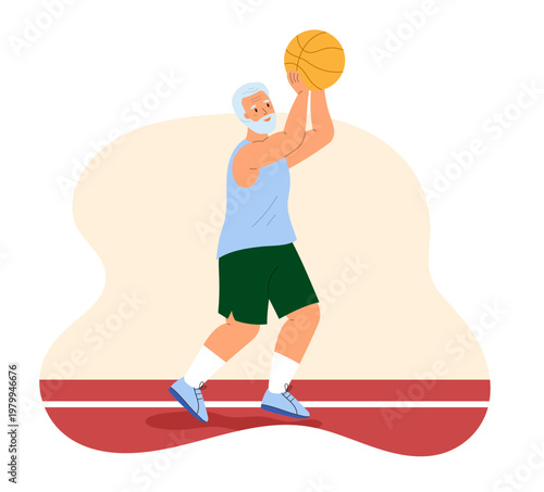 Active senior man playing basketball on a court. Elderly male athlete shooting a ball. Healthy lifestyle, retirement fitness, and aging concept isolated on white.