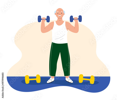 Active senior man exercising with dumbbells. Elderly male athlete doing strength training. Healthy lifestyle, retirement fitness, and aging concept isolated on white.