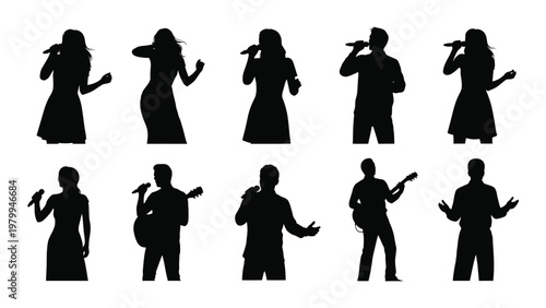 A collection of silhouetted figures depicting musicians performing including singers with microphones and instrumentalists high quality professional detailed modern elegant stylish
