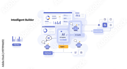 A vector illustration shows a business automation workflow concept, displaying an AI assistant dashboard with various data visualizations and interconnected nodes on a clean white