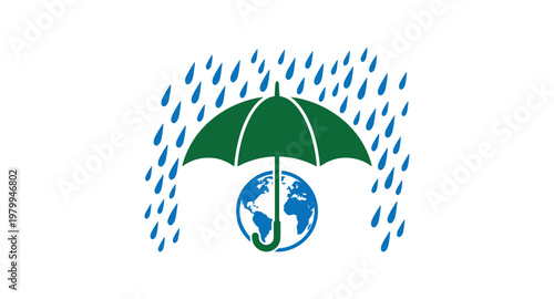 Green umbrella protecting planet earth from rain concept.