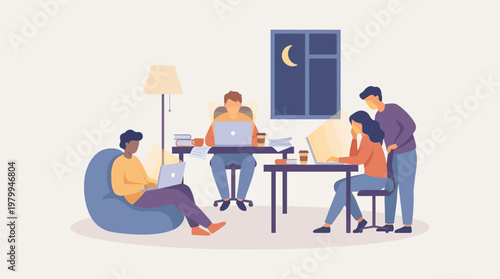 Startup Team Working Late at Night with Laptops Modern Flat Vector