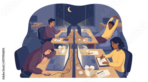 Modern Teamwork at Night with Laptops and Casual Workspace Vector