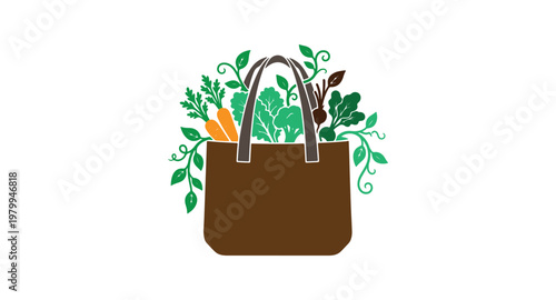 Brown reusable shopping bag filled with fresh green vegetables.