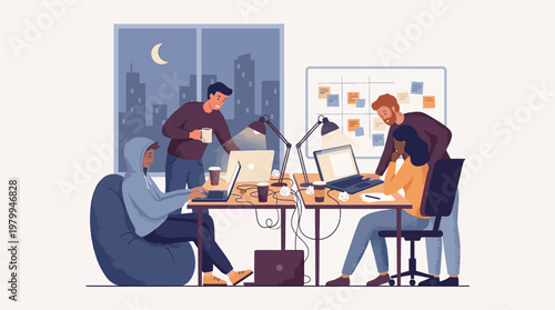 Creative Team Working Late Night with Laptops Flat Vector Design