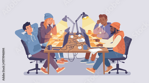 Late Night Startup Office Scene with Team Collaboration Illustration