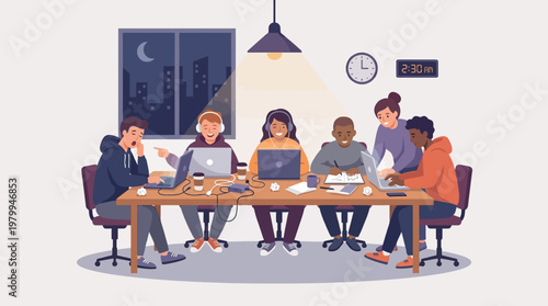 Business Team Working Overtime at Night with Laptop Glow Vector