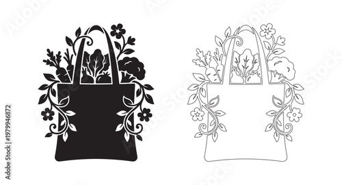 Black and white line art of a reusable grocery bag with vegetables and flowers.