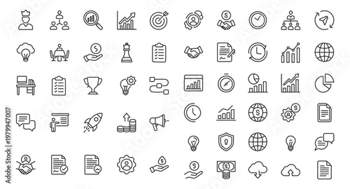 Collection of business and finance line icons set.