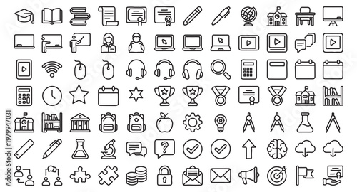 Comprehensive collection of education and academic line icons.