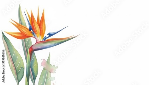 Colorful watercolor illustration of a bird of paradise flower
