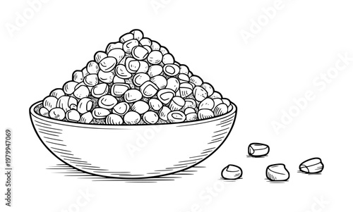 Hand-drawn of a bowl overflowing with lentils and scattered legumes a white background