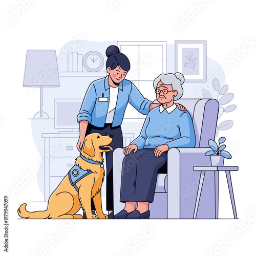 A heartwarming vector illustration of a Recreational Therapist introducing a therapy dog (a friendly golden retriever) to an elderly woman seated in a comfy chair. The therapist has an arm around the 
