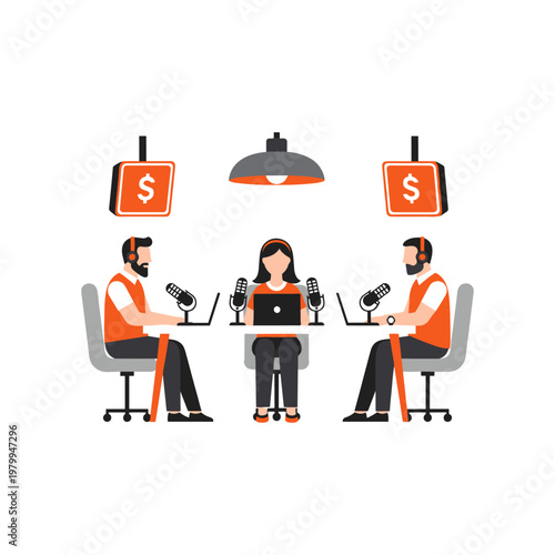 Three individuals participating in a virtual podcast or interview session with financial themes