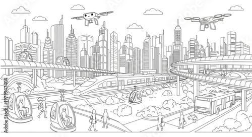 Hand-drawn sketch of a bustling city skyline with skyscrapers and trees.
