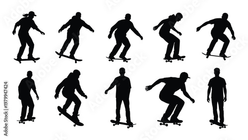 A collection of black silhouettes depicting people skateboarding and performing various tricks on skateboards high quality professional detailed modern elegant stylish