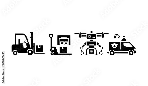 Modern logistics and automation icon set with forklift robot drone and autonomous delivery vehicle silhouettes isolated vector