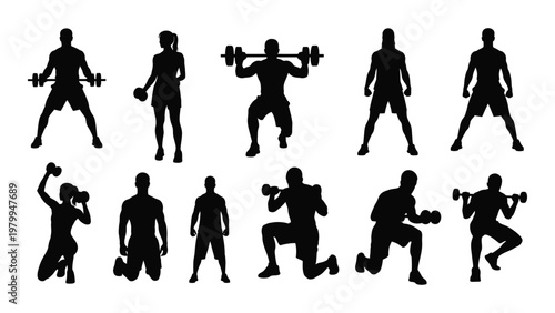 A collection of silhouettes depicting diverse individuals engaged in various weightlifting and fitness exercises high quality professional detailed modern elegant stylish