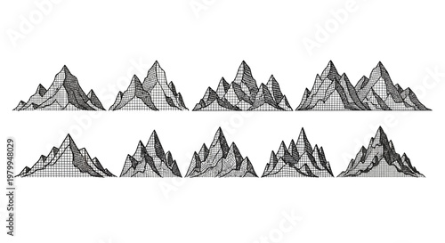 Black and white mountain ranges landscape with pointed peaks and grid texture background