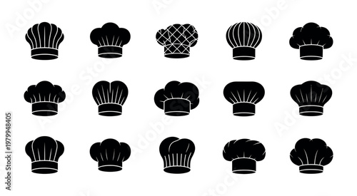 Diverse collection of black silhouette chef hats toques and professional culinary headwear vector icons for restaurant and kitchen uniform design