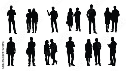 A collection of black silhouettes depicting diverse people standing and interacting in various poses and groupings high quality professional detailed modern