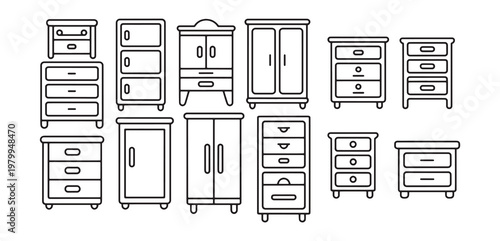 Home storage furniture icon set drawers cabinets and bedside units symbols in outline style vector illustration collection