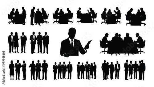 A collection of black silhouette figures depicting diverse business scenarios including meetings presentations and professional interactions high quality detailed modern elegant