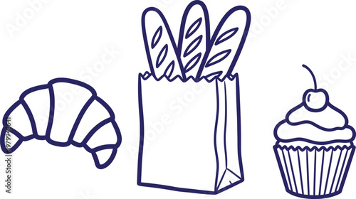 Sketch of pastries and treats croissants baguettes and a cupcake