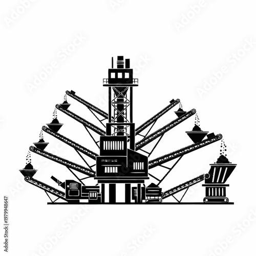 Industrial mining plant with conveyor belts and processing machinery.