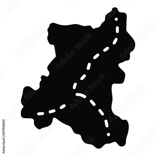 Black silhouette of a detailed land mass with a dotted trail across