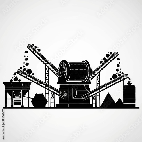 Industrial rock crushing and sorting plant silhouette illustration.