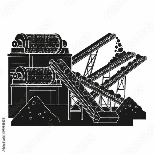 Industrial mining equipment with conveyor belts and crushing machines.