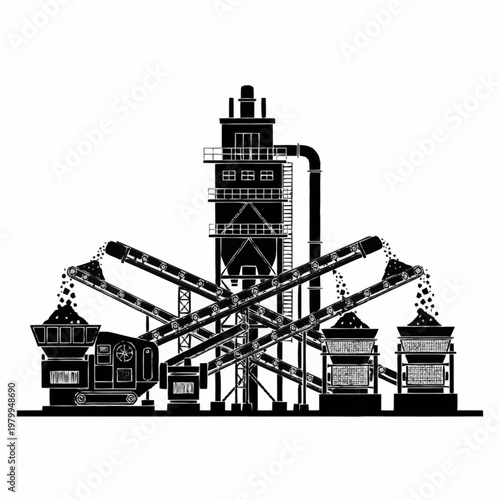 Industrial crushing plant silhouette for mining and aggregate production.