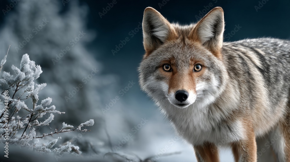 Fototapeta premium Coyote standing in snow-covered landscape looking directly at the viewer
