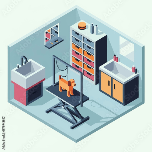 Isometric illustration of a dog grooming salon with a small dog on a grooming table.